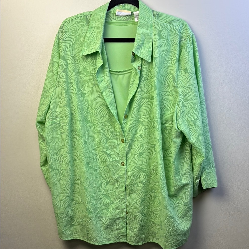 Alfred Dunner Green Leaf Pattern Button-Up Shirt … - image 1